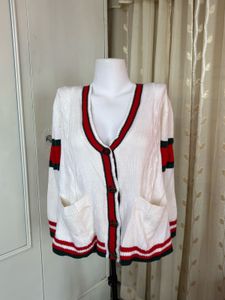 Chic White Cardigan with Red Trim