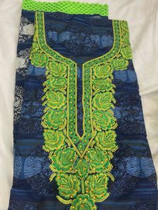 Embroidered Blue Kurta with Green Dupatta