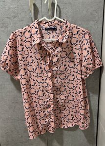 Pink Floral Short Sleeve Button-Up Blouse