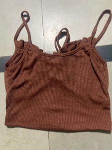 Brown Ribbed Cropped Top with Tie Detail