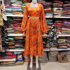 Beautiful Orange Floral Print Gown wth belt