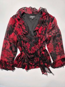 Red Floral Wrap Top
