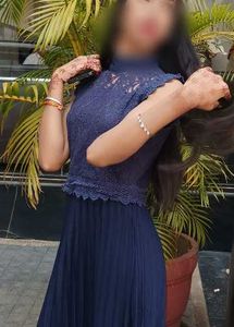 Elegant Navy Blue Lace &amp; Pleated middi