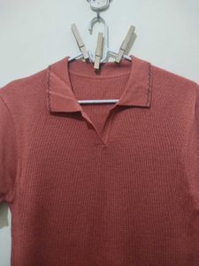 Orange collar Polo Top with zigzag black trim