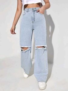 Trendy Ripped Light Wash Wide Leg Jeans