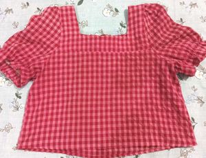 Red Checkered Square Neck Puff Sleeve Top