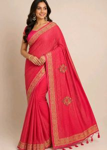 Elegant Pink Striped Saree with Golden Border