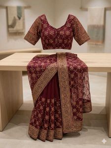 Maroon Embroidered Net Saree