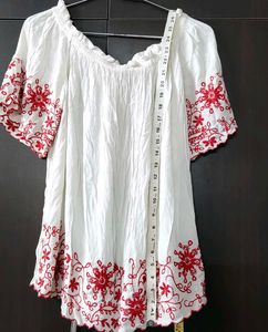 White Off-Shoulder Top with Red Embroidery