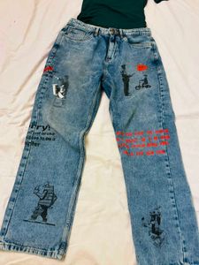Womens Blue Jeans and green fitted top