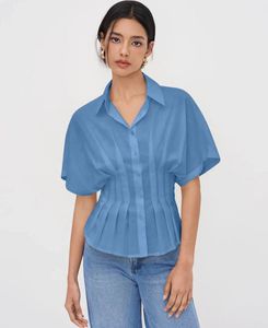 Stylish Blue Pleated Peplum Shirt