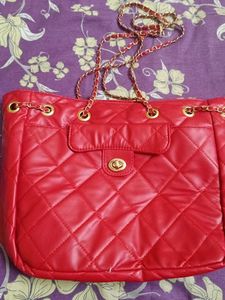 Quilted Red Shoulder Bag with Gold Chain
