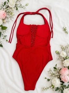 Stunning Red One-Piece Swimsuit with Crochet Detai