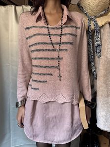 Pink Striped Collared Sweater