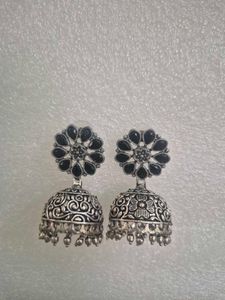 Oxidized Jhumka Earrings with Black Stones-Unused