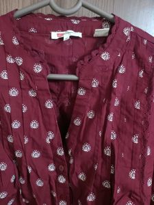 Maroon Printed Button-Up Blouse