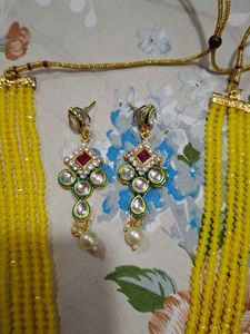 Yellow Beaded Necklace Set with Earrings