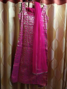 Vibrant Pink Brocade Kurta Set with Dupatta