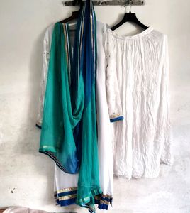 Party Wear White &amp; Blue Embroidered Kurta Plazzo,