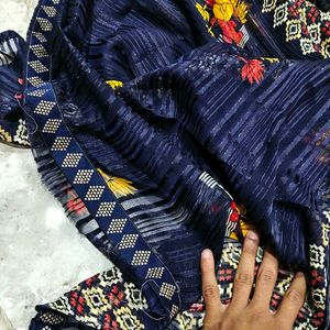 Elegant Navy Blue Floral Saree
