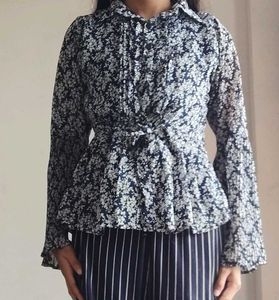 Dark Blue Color Floral Print Top