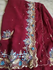 Maroon aari tari work saree