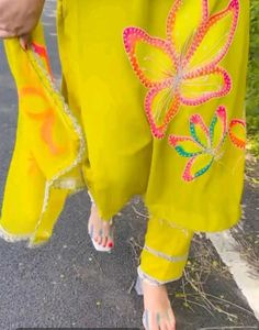 Vibrant neon Kurta Set with Butterfly Print