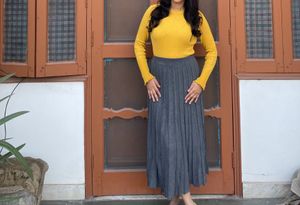 Mustard Yellow Knit Top with grey skirt