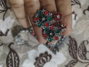 Oxidized Silver Ring with Red &amp; Green Stones
