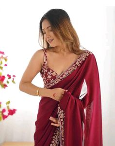 Elegant wine Embroidered Saree
