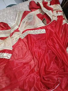 Red Velvet Saree with Embellished Border