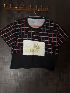 Black & White Checked Top with Queen Graphic