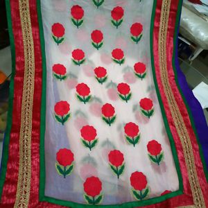 White Heavy Dupatta Rose Printed
