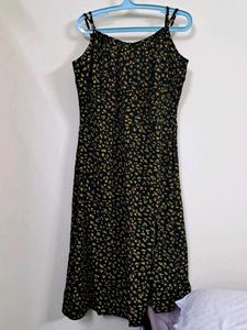 Black Floral Print High Slit Midi Dress