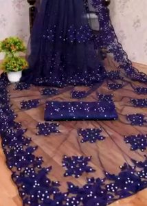 Blue New Net Saree with Blouse पीस Attached