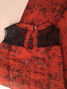 Elegant rust Brocade Dress with Embellished Neckli