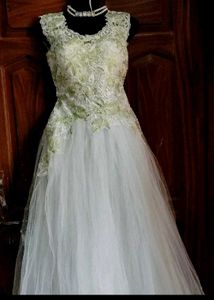 Elegant White &amp; Green Lace Dress