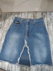 Denim Mini Skirt with Distressed Detail