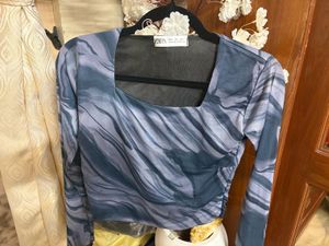Blue Marble Print Long Sleeve Top