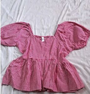 Chic Red Gingham Square Neck Top