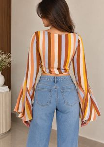 Boho Stripe Tie-Front Bell Sleeve Top