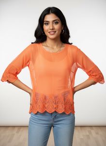 Sheer Orange Lace Trim Top