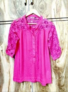 Women's Pink Lace Sleeve Tunic Top Size-36