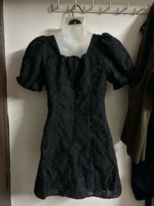 Black Textured Square Neck Mini Dress