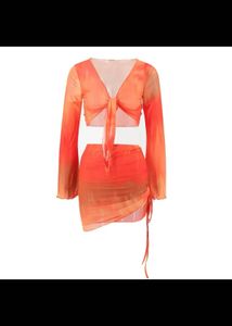 Chic Orange Tie-Front Mesh Co-ord Set
