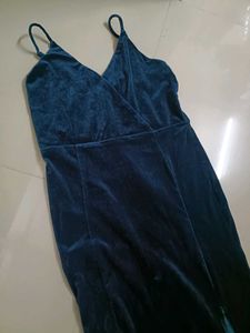 Elegant Navy Velvet Gown with High Slit