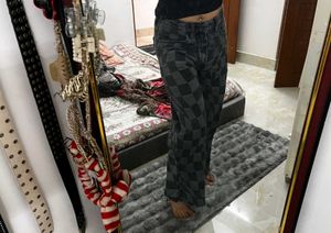 Checkerboard Print Wide Leg Jeans