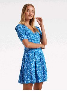 Blue Floral Puff Sleeve Mini Dress