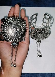 2 piece set Boho Oxidized Silver Cuff Bracelet wit