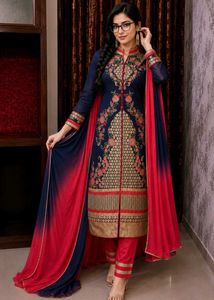 Elegant Navy Blue & Pink Embroidered Kurta Set